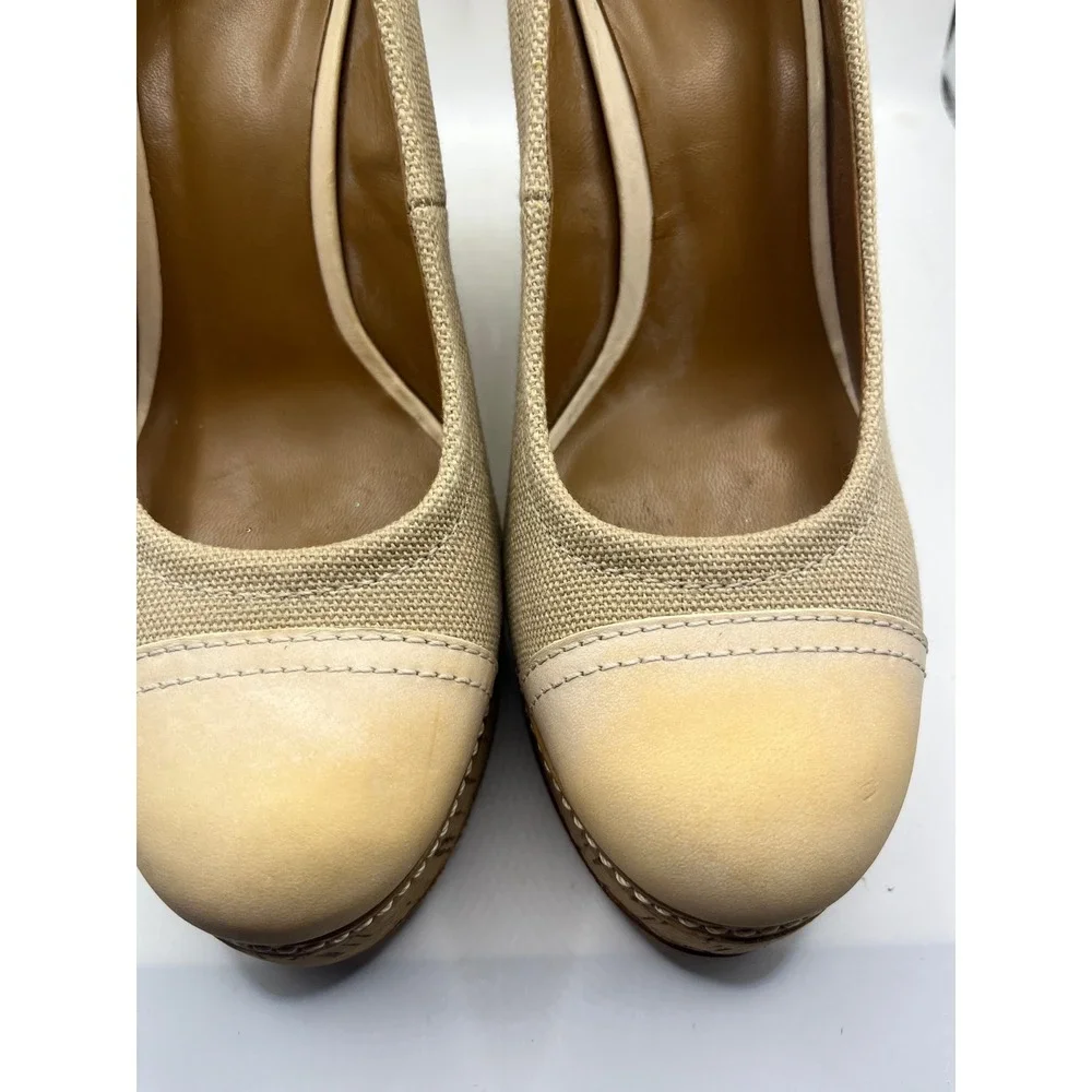 Tory Burch Canvas Leather Wedge Heels Espadrille‎ Cork Platform Shoes 8M